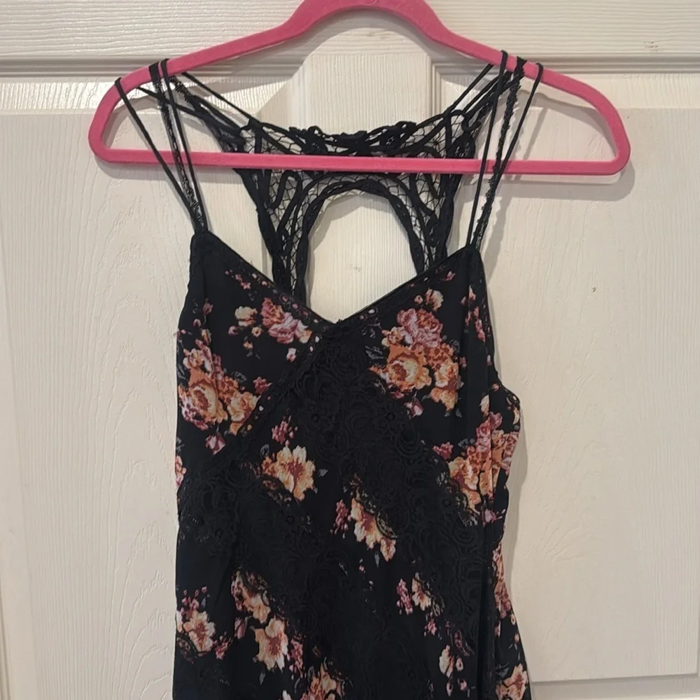 Free People black floral asymmetrical midi dress, size 2